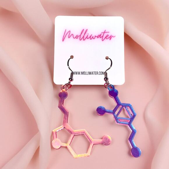 New Seratonin Dopamine Chemical Molecule Iridescent Dangle Earrings Goth Rave - Picture 1 of 3